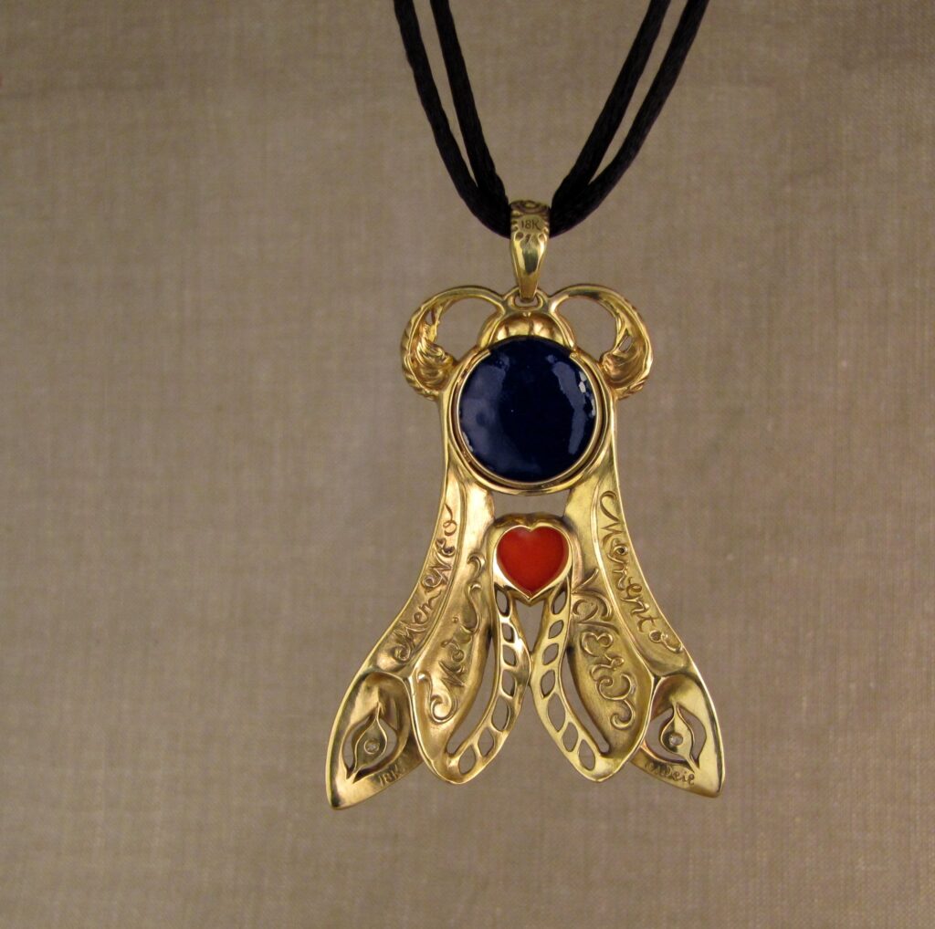 Death's Head Hawkmoth Memento Mori #2 pendant set with custom enamel, coral, diamonds, 18K, cheyenne weil jewelry