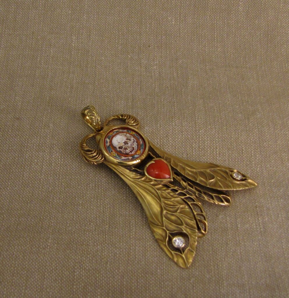 Death's Head Hawkmoth Memento Mori #2 pendant set with custom enamel, coral, diamonds, 18K, cheyenne weil jewelry