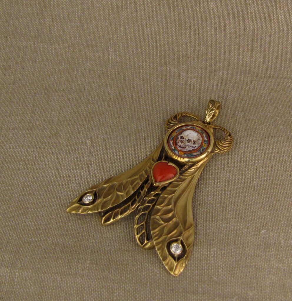 Death's Head Hawkmoth Memento Mori #2 pendant set with custom enamel, coral, diamonds, 18K, cheyenne weil jewelry