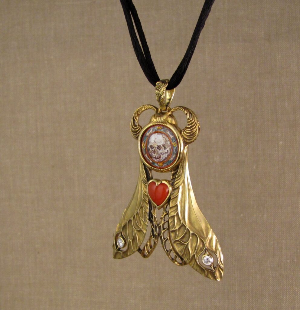 Death's Head Hawkmoth Memento Mori #2 pendant set with custom enamel, coral, diamonds, 18K, cheyenne weil jewelry