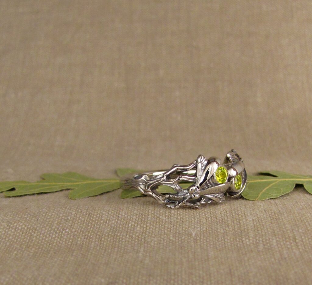 Pair of Fireflies ring, 14K white gold + fluorescent yellow yttrium garnets, cheyenne weil jewelry