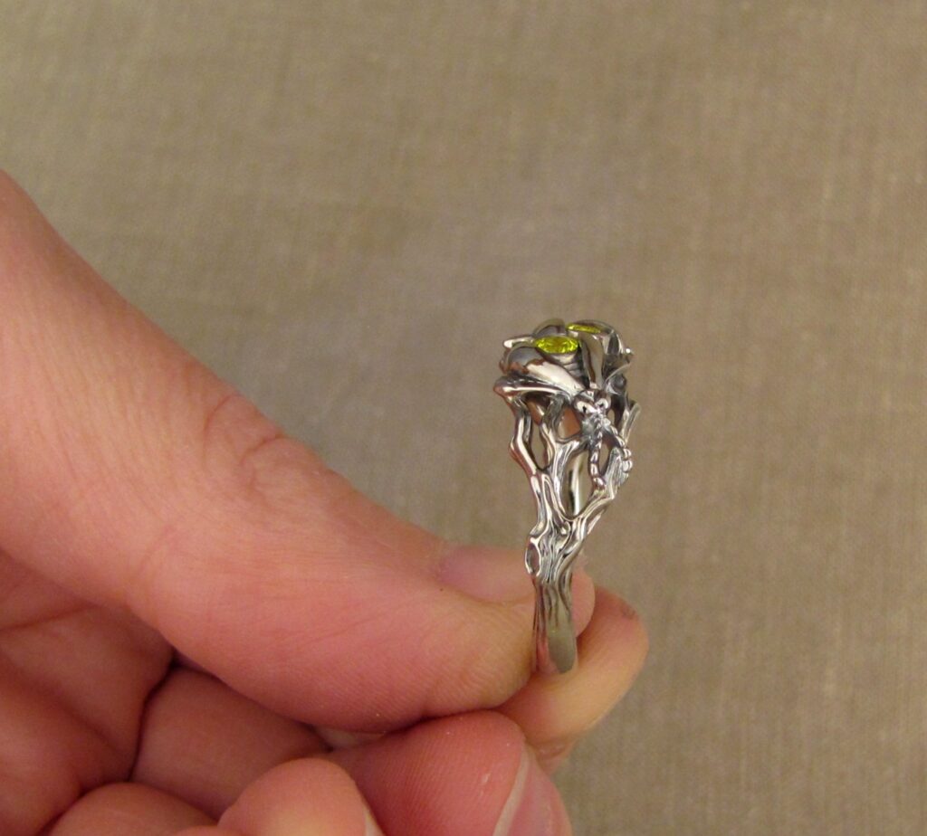 Pair of Fireflies ring, 14K white gold + fluorescent yellow yttrium garnets, cheyenne weil jewelry