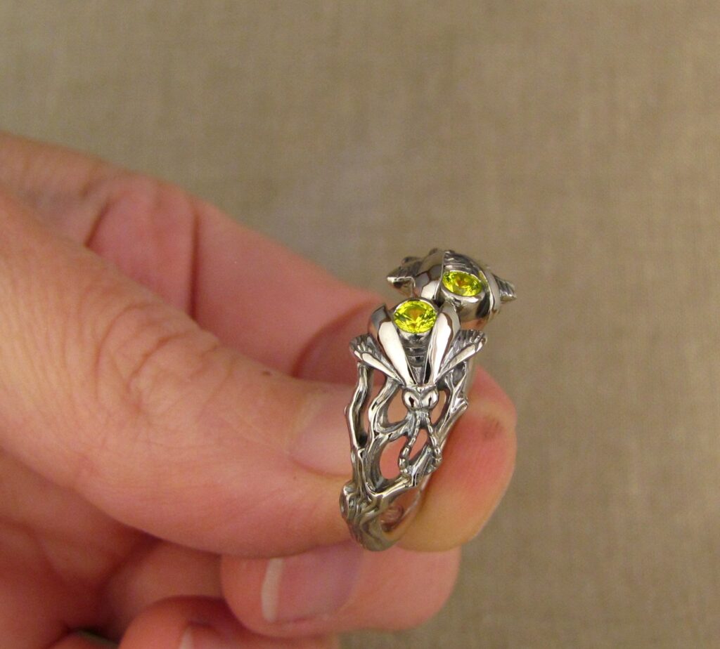 Pair of Fireflies ring, 14K white gold + fluorescent yellow yttrium garnets, cheyenne weil jewelry