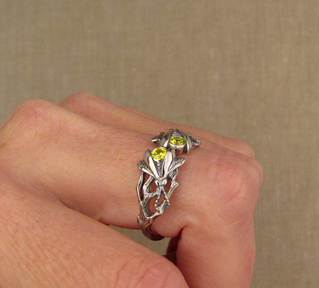 Pair of Fireflies ring, 14K white gold + fluorescent yellow yttrium garnets, cheyenne weil jewelry