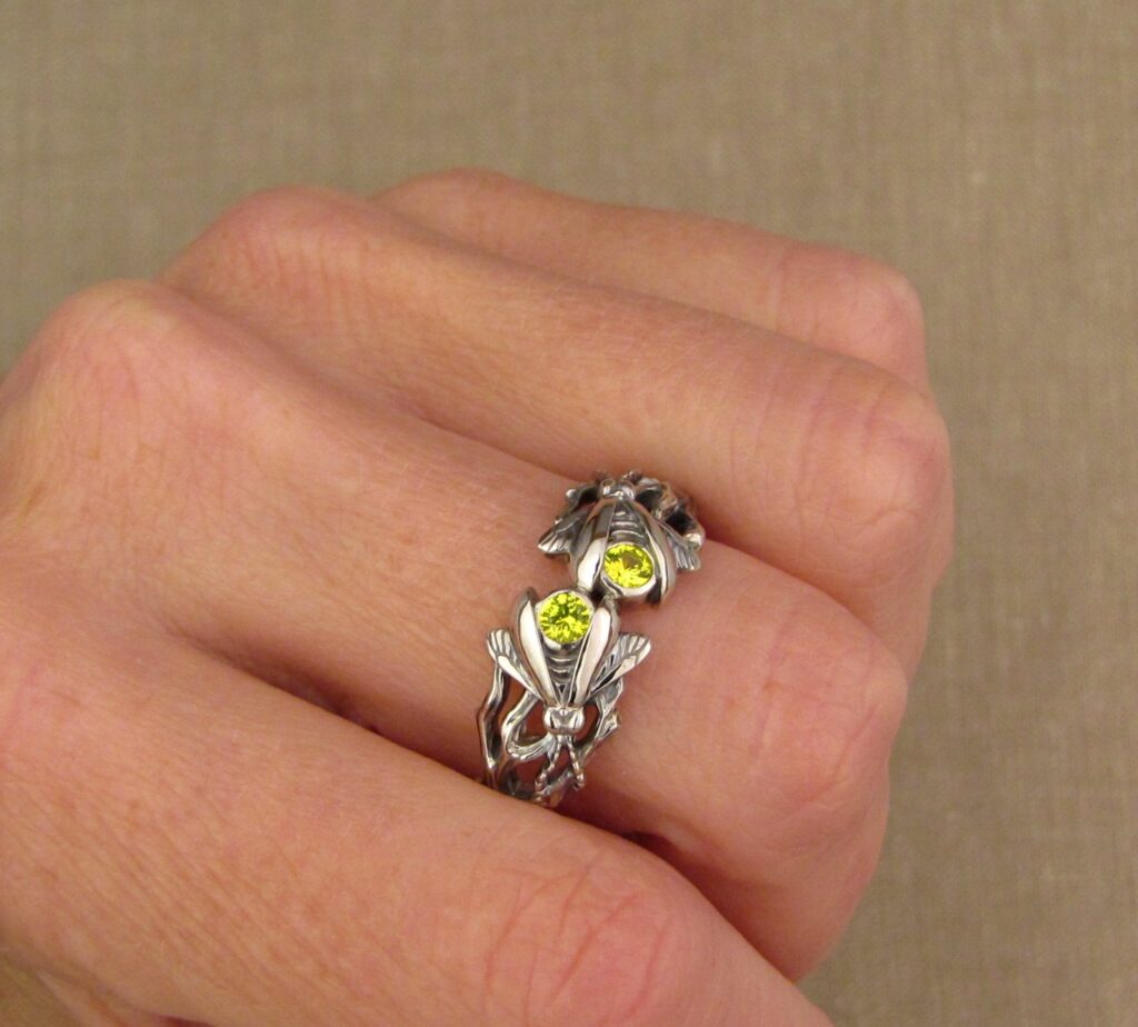 Pair of Fireflies ring, 14K white gold + fluorescent yellow yttrium garnets, cheyenne weil jewelry