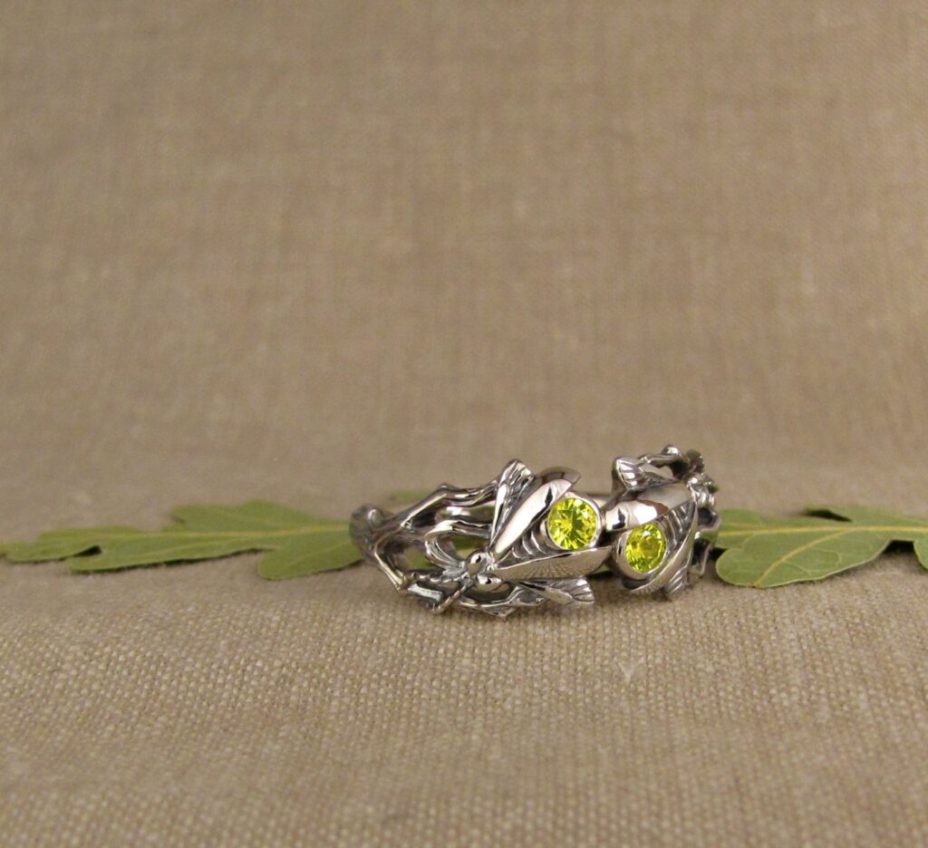 Pair of Fireflies ring, 14K white gold + fluorescent yellow yttrium garnets, cheyenne weil jewelry