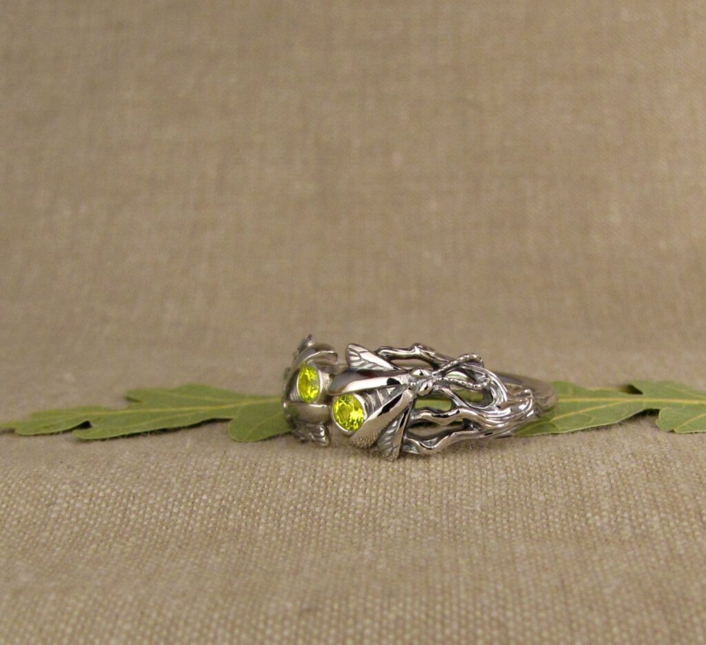 Pair of Fireflies ring, 14K white gold + fluorescent yellow yttrium garnets, cheyenne weil jewelry