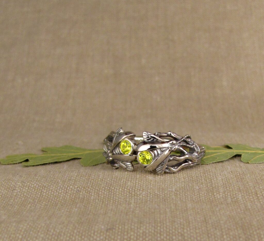 Pair of Fireflies ring, 14K white gold + fluorescent yellow yttrium garnets, cheyenne weil jewelry