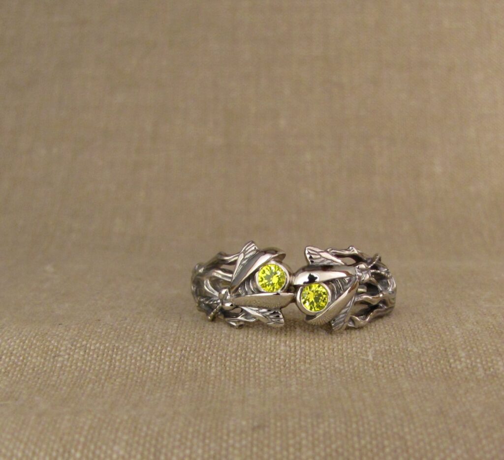 Pair of Fireflies ring, 14K white gold + fluorescent yellow yttrium garnets, cheyenne weil jewelry