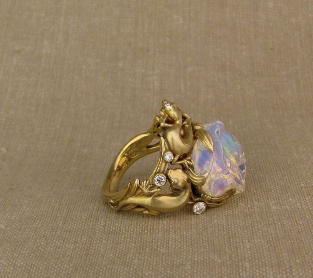 Hand-carved gecko ring with free-form Mexican opal and diamonds, 18K gold. cheyenne weil jewelry