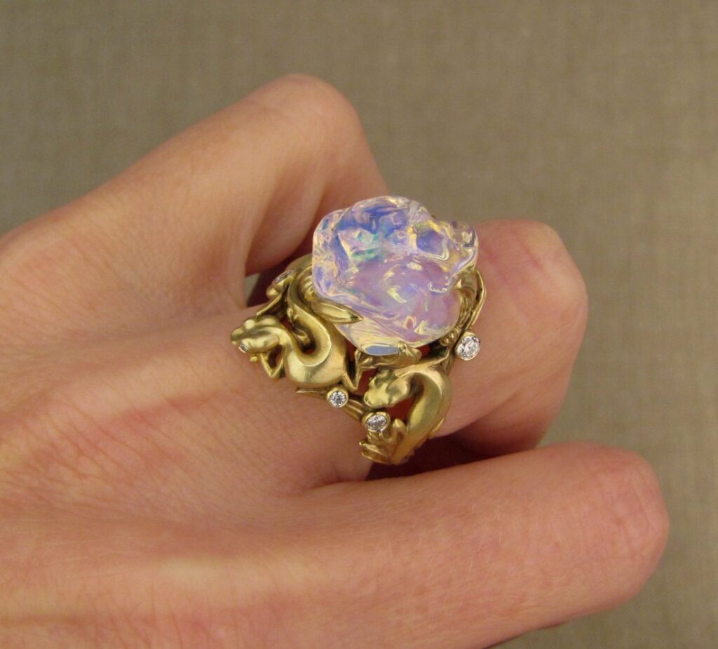 Hand-carved gecko ring with free-form Mexican opal and diamonds, 18K gold. cheyenne weil jewelry