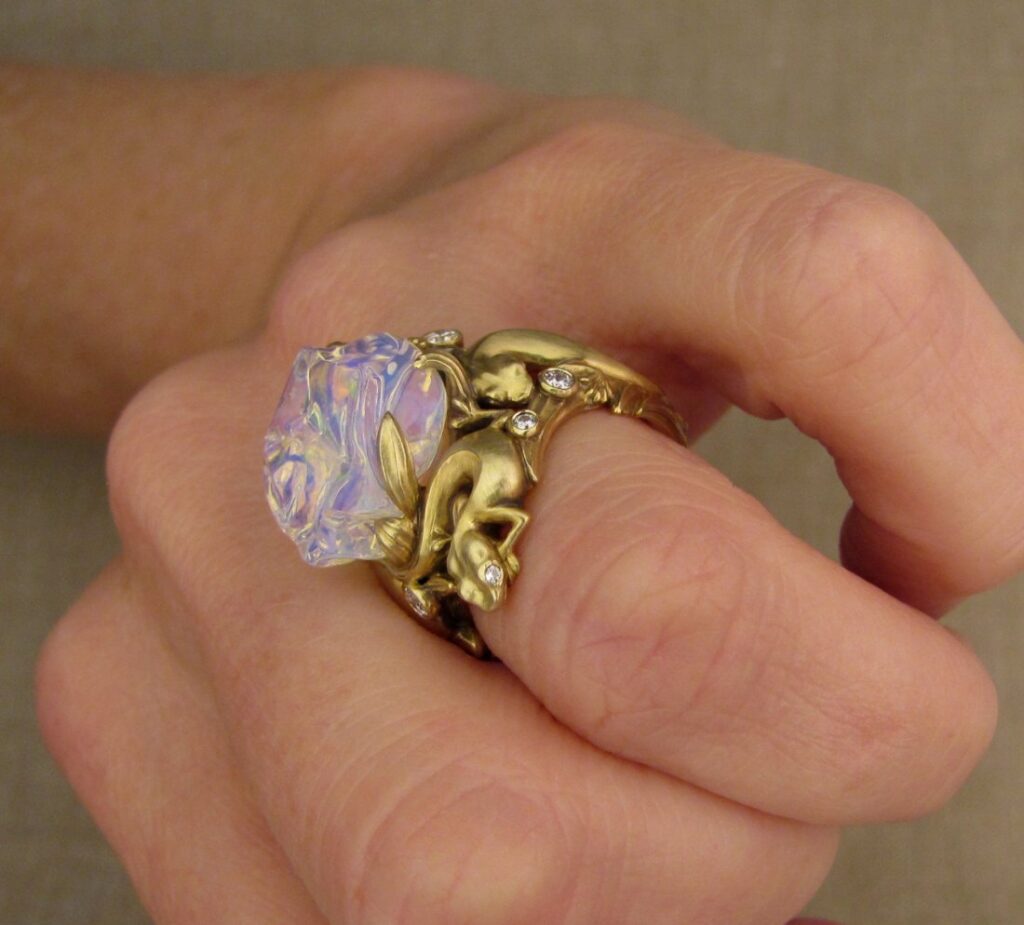 Hand-carved gecko ring with free-form Mexican opal and diamonds, 18K gold. cheyenne weil jewelry