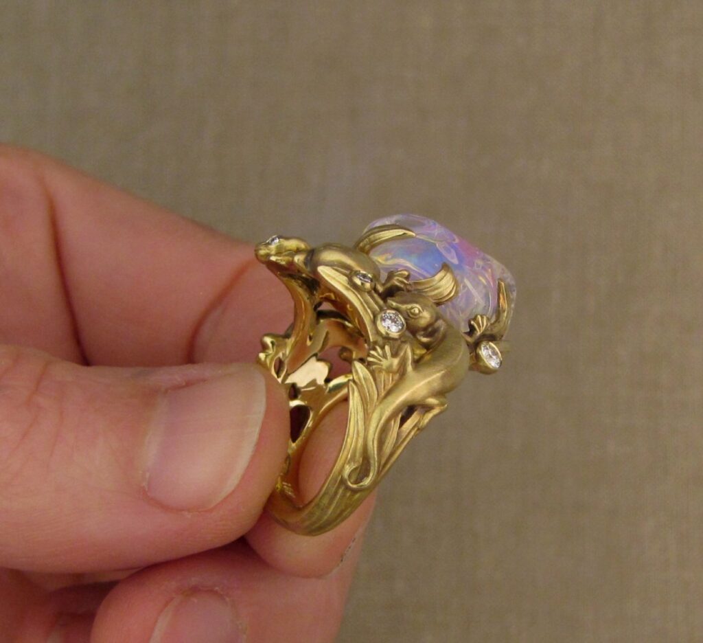 Hand-carved gecko ring with free-form Mexican opal and diamonds, 18K gold. cheyenne weil jewelry