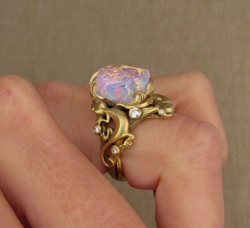 Hand-carved gecko ring with free-form Mexican opal and diamonds, 18K gold. cheyenne weil jewelry