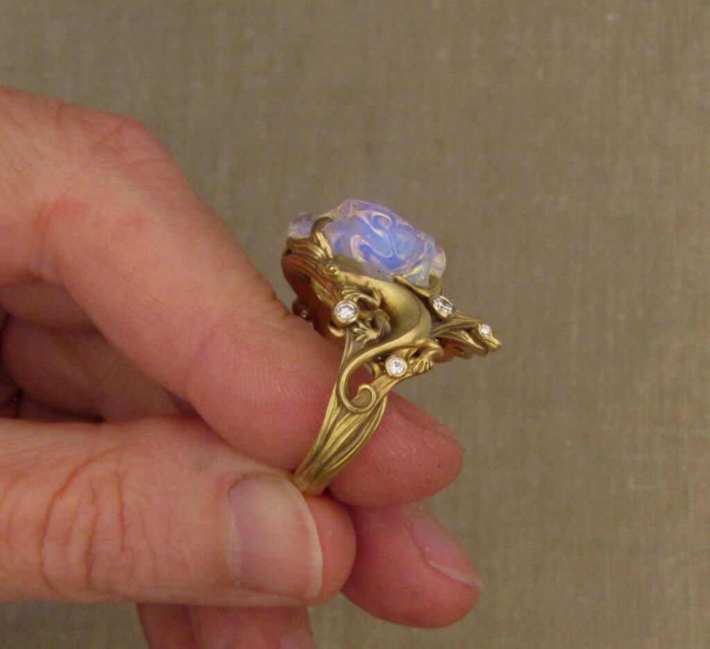 Hand-carved gecko ring with free-form Mexican opal and diamonds, 18K gold. cheyenne weil jewelry