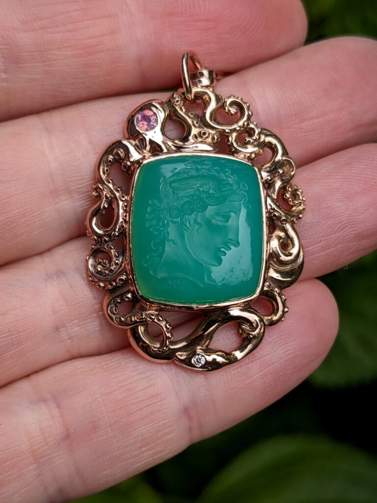 Hand-carved tentacled Kraken and serpent pendant for Medusa intaglio (Lala Ragimov), 19K rose gold, chrysoprase, sapphire, diamond. cheyenne weil jewelry