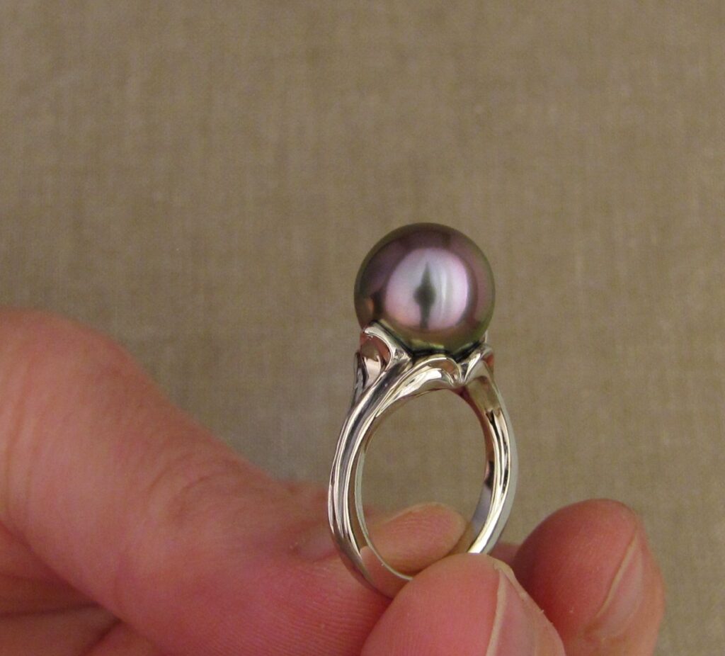 Leafy Pearl solitaire, handmade, 14K white gold, Tahitian pearl, cheyenne weil jewelry