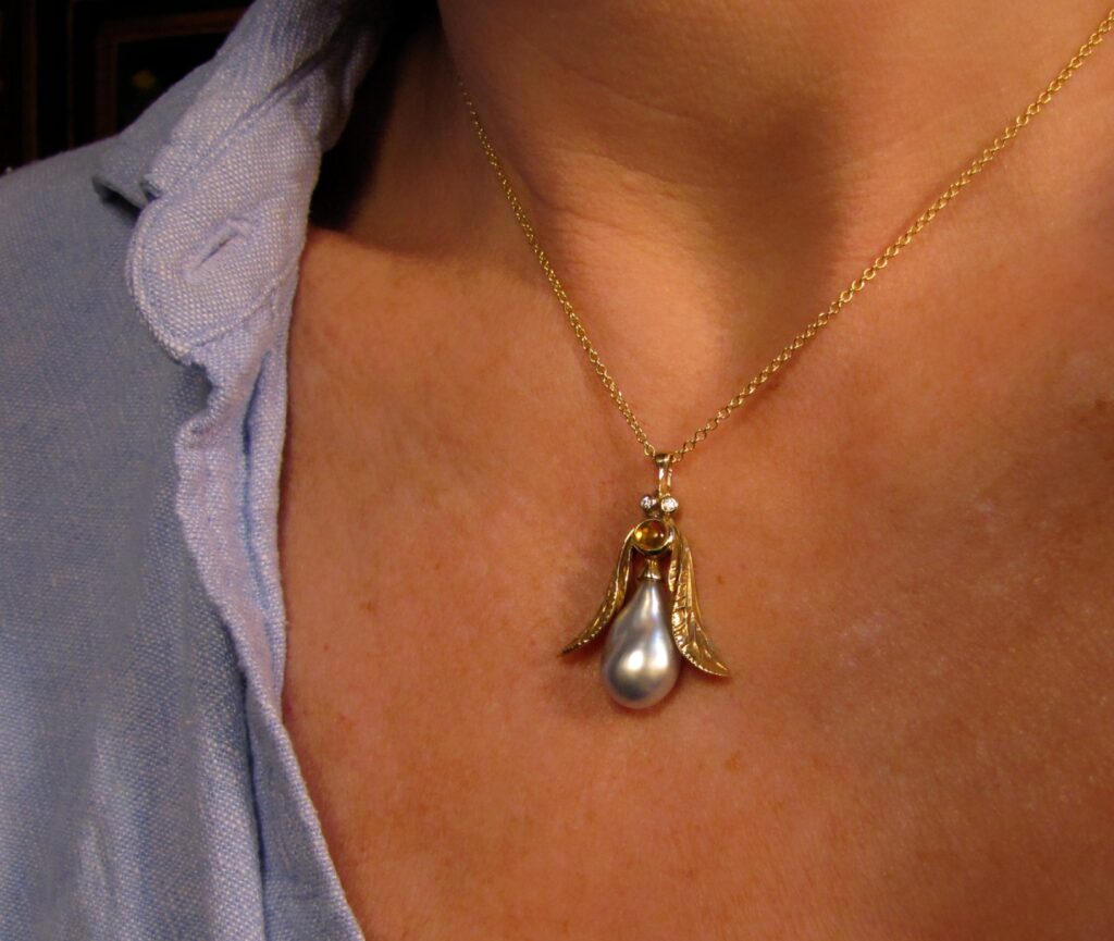 Jeweled insect pendant in 18K gold, Tahitian keshi pearl, opal, diamonds, cheyenne weil jewelry