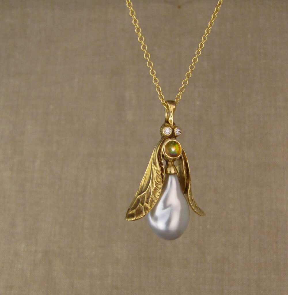 Jeweled insect pendant in 18K gold, Tahitian keshi pearl, opal, diamonds, cheyenne weil jewelry