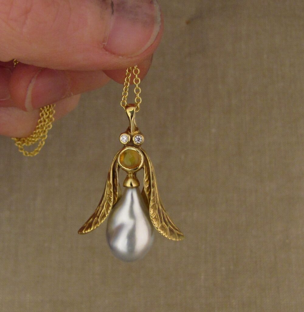 Jeweled insect pendant in 18K gold, Tahitian keshi pearl, opal, diamonds, cheyenne weil jewelry