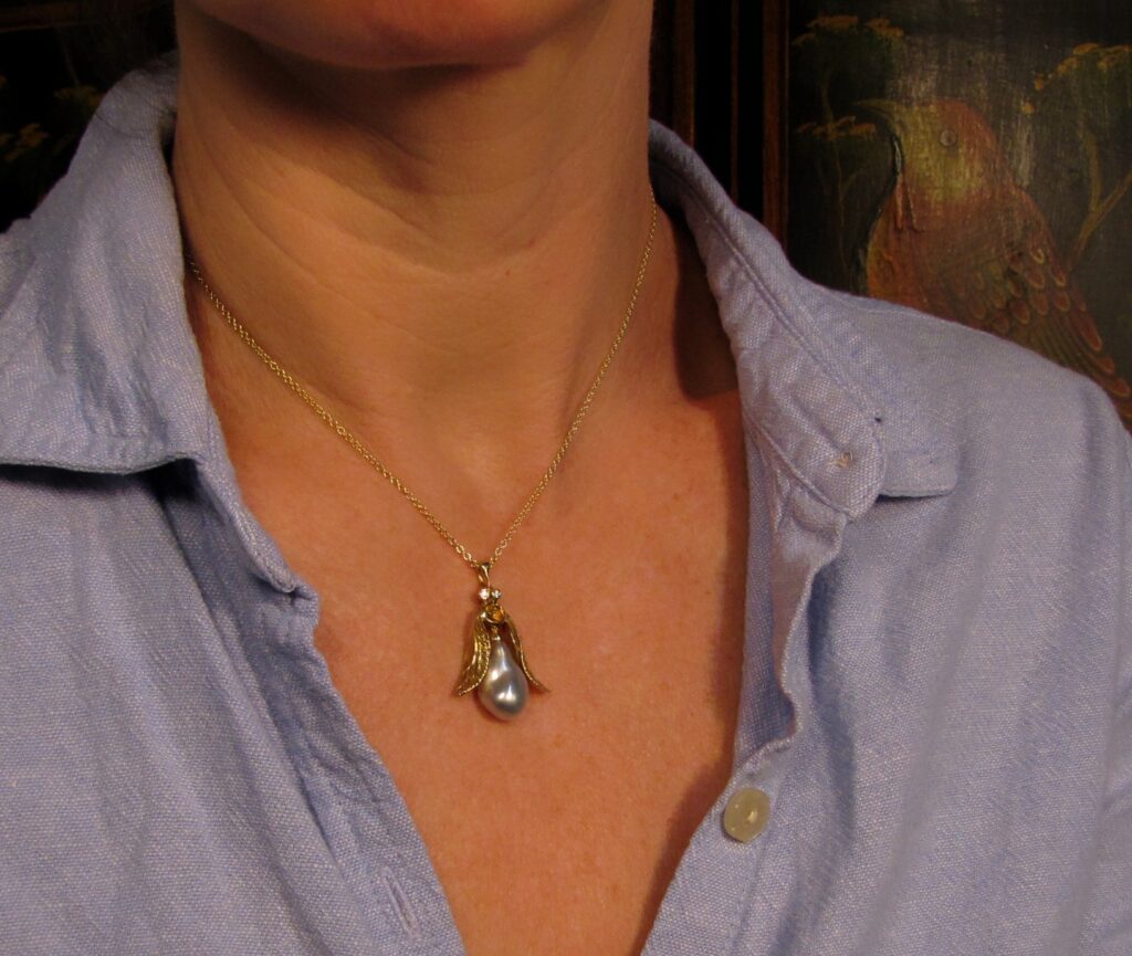 Jeweled insect pendant in 18K gold, Tahitian keshi pearl, opal, diamonds, cheyenne weil jewelry