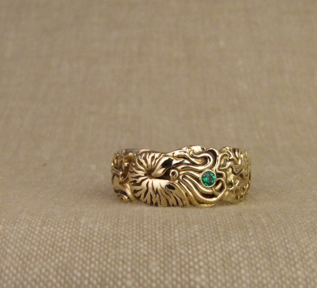 Nautilus & magnetic domains carved ring, emerald & 14K gold, cheyenne weil jewelry