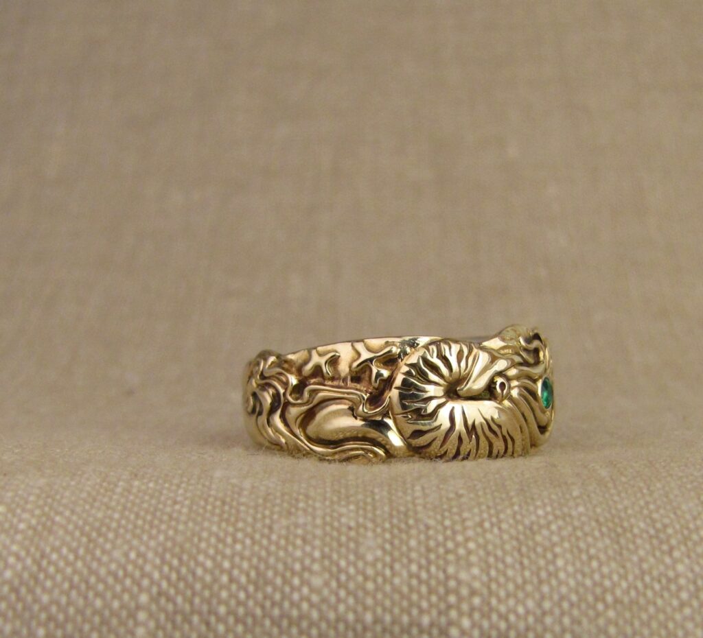 Nautilus & magnetic domains carved ring, emerald & 14K gold, cheyenne weil jewelry