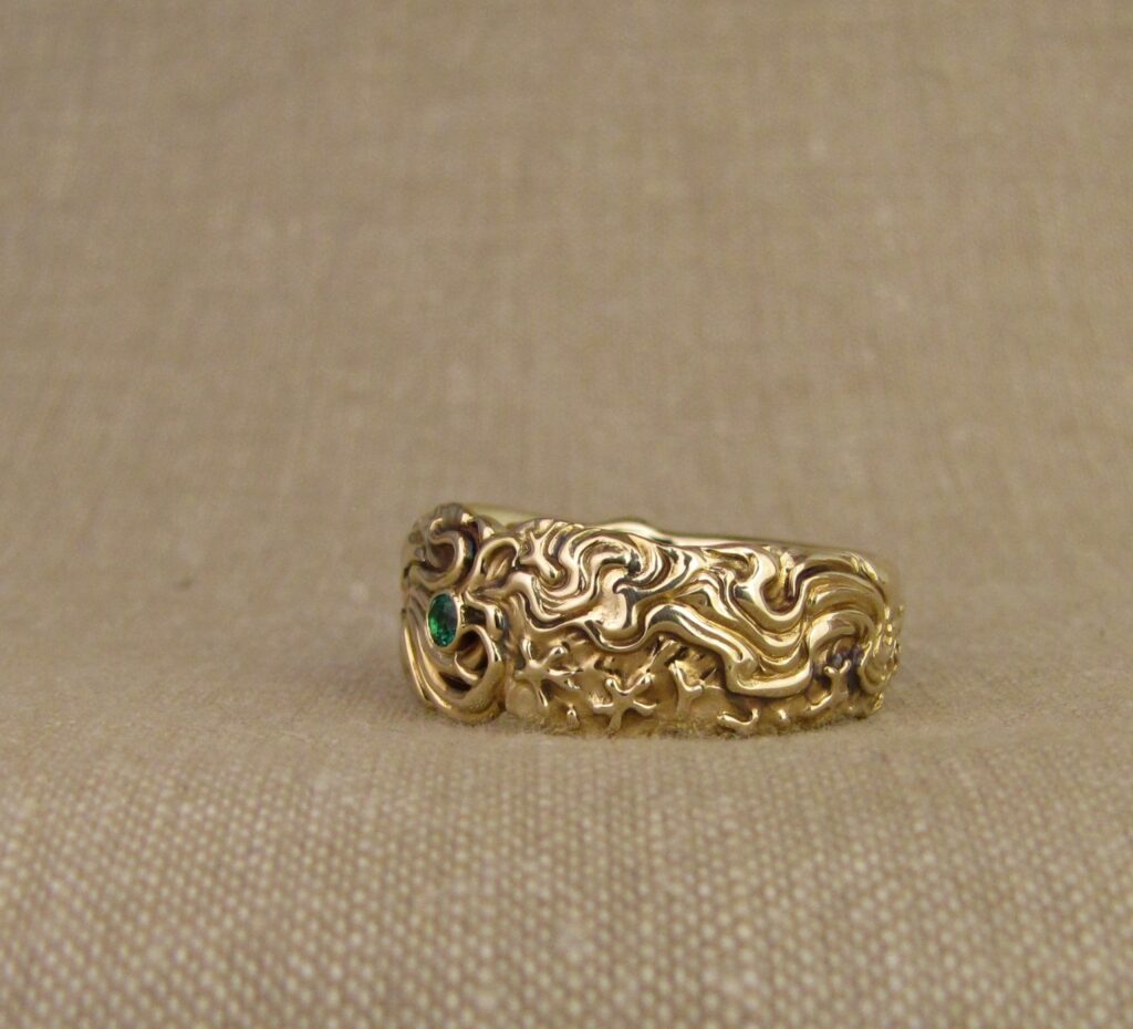 Nautilus & magnetic domains carved ring, emerald & 14K gold, cheyenne weil jewelry