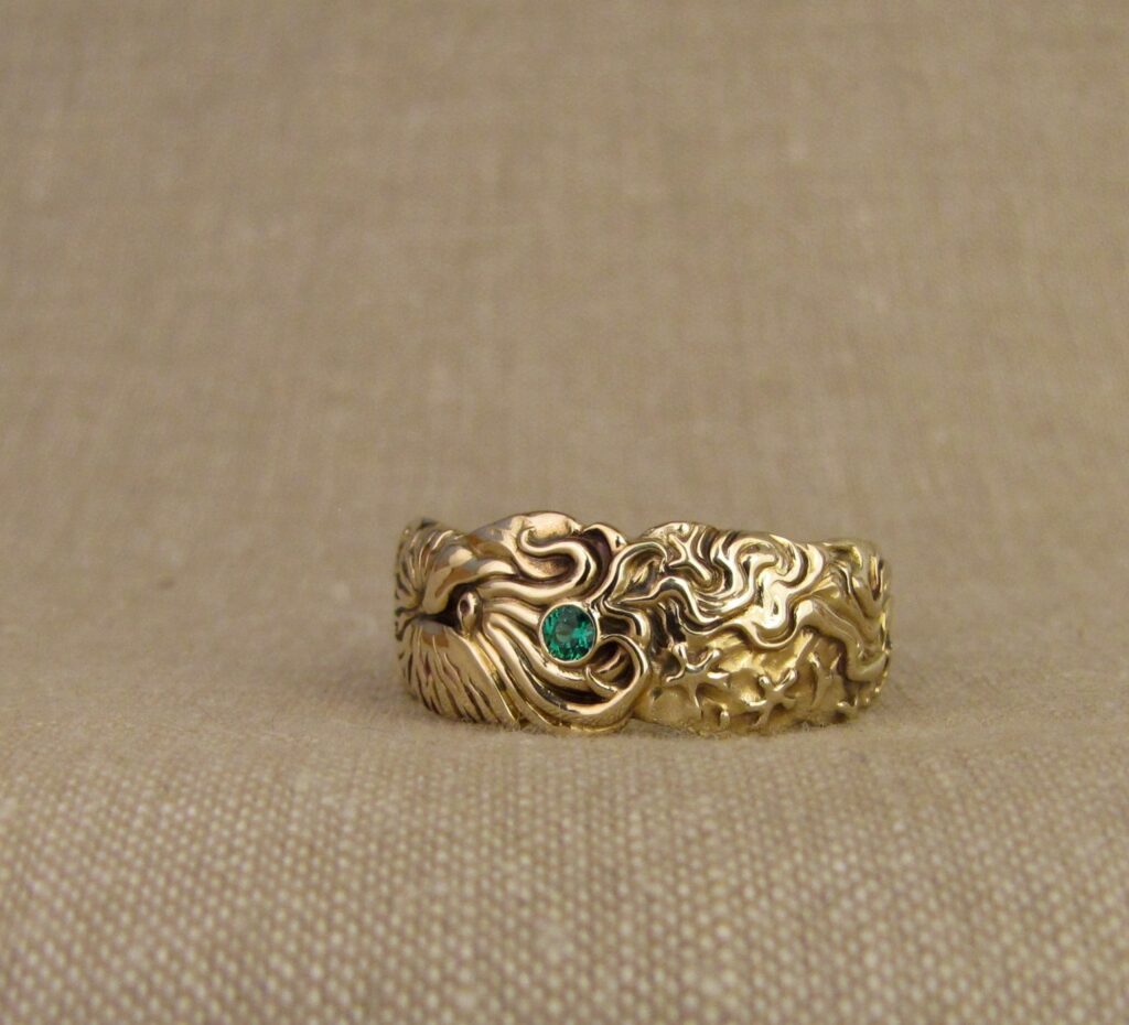 Nautilus & magnetic domains carved ring, emerald & 14K gold, cheyenne weil jewelry