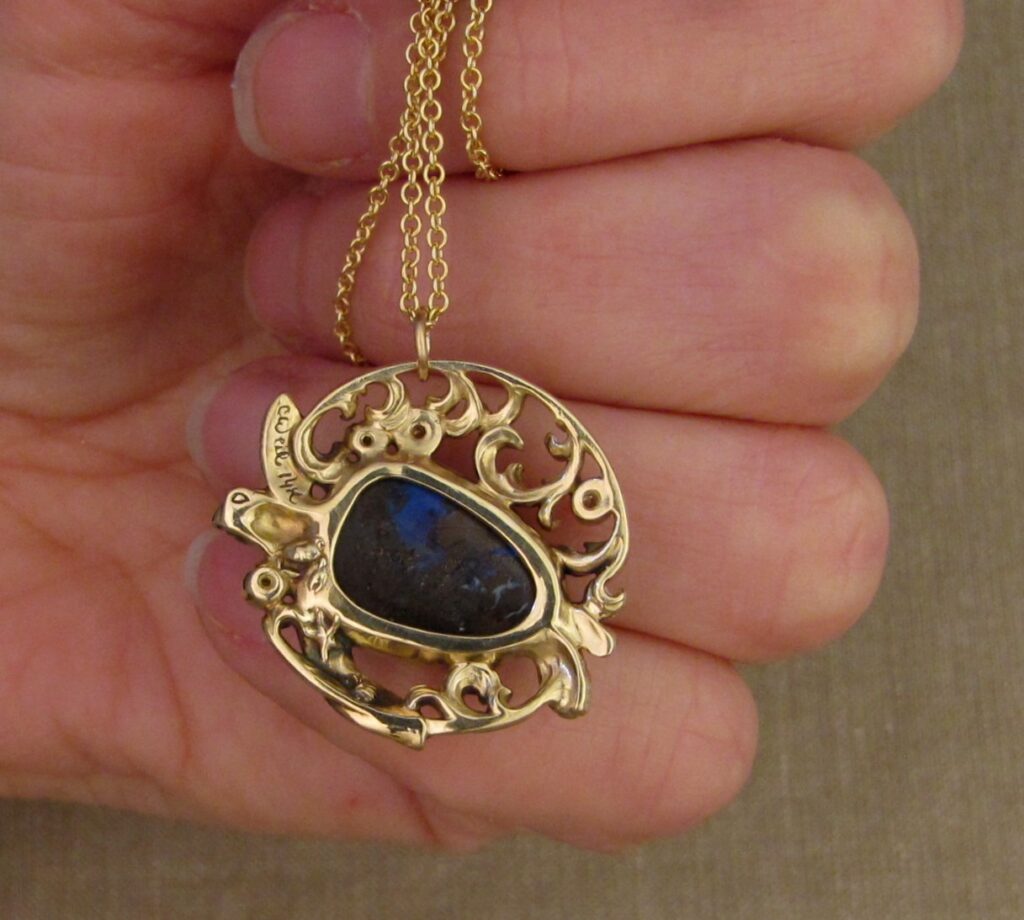 Sea turtle pendant with Boulder opal & diamonds, 14K gold, cheyenne weil jewelry