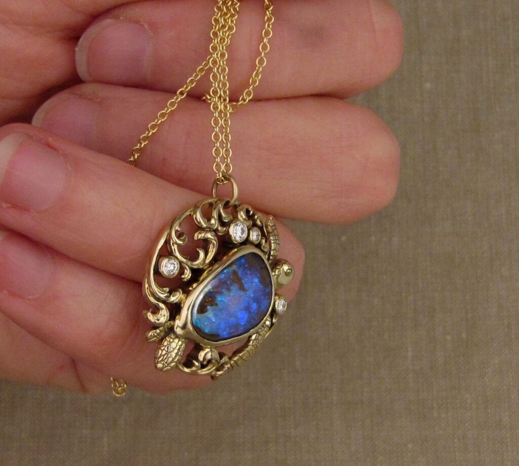 Sea turtle pendant with Boulder opal & diamonds, 14K gold, cheyenne weil jewelry