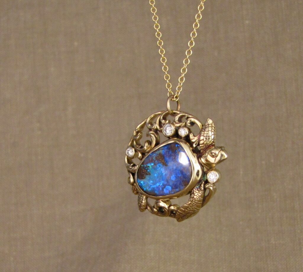 Sea turtle pendant with Boulder opal & diamonds, 14K gold, cheyenne weil jewelry