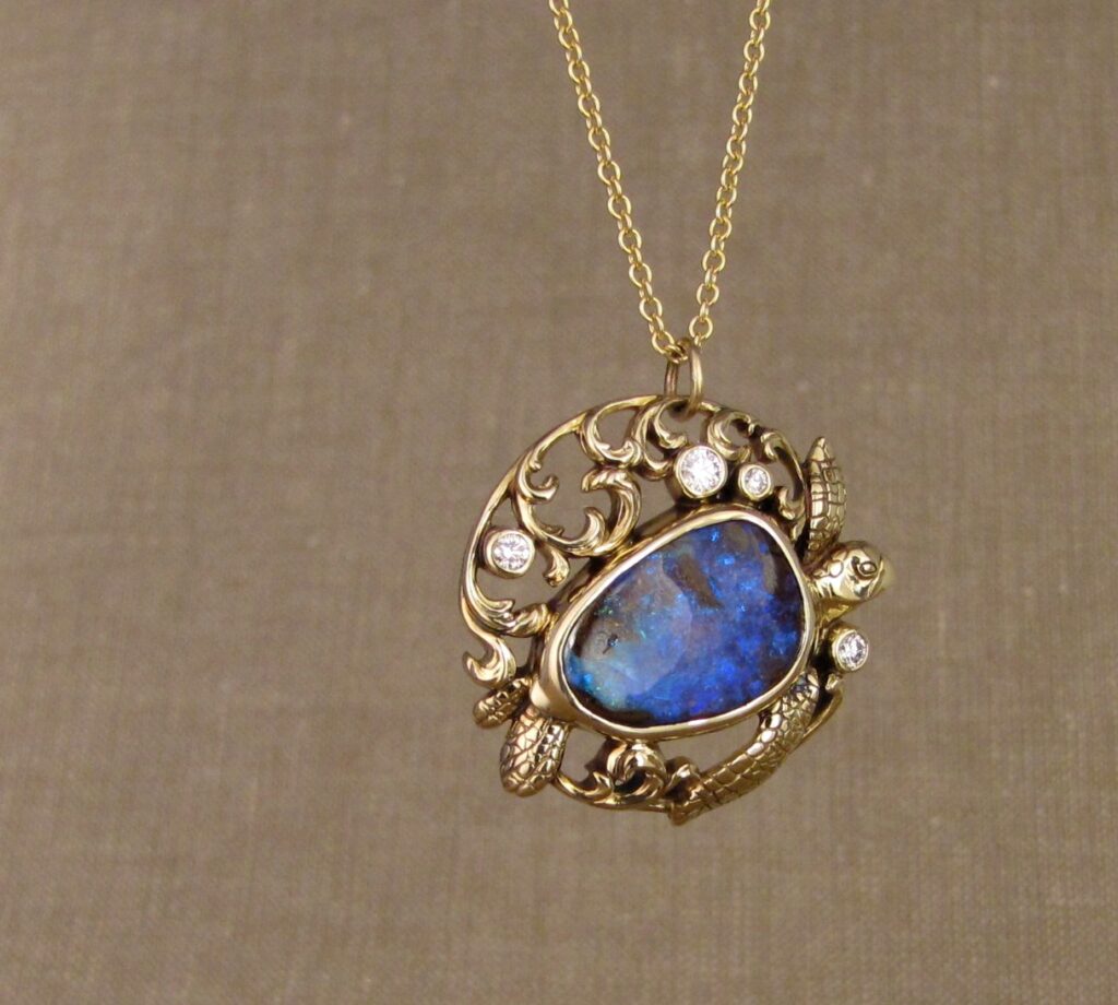 Sea turtle pendant with Boulder opal & diamonds, 14K gold, cheyenne weil jewelry