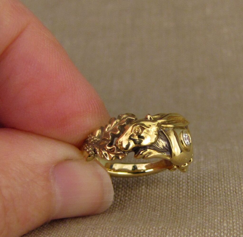 Custom carved Snail+Rabbit ring with diamond, 18K, cheyenne weil jewelry