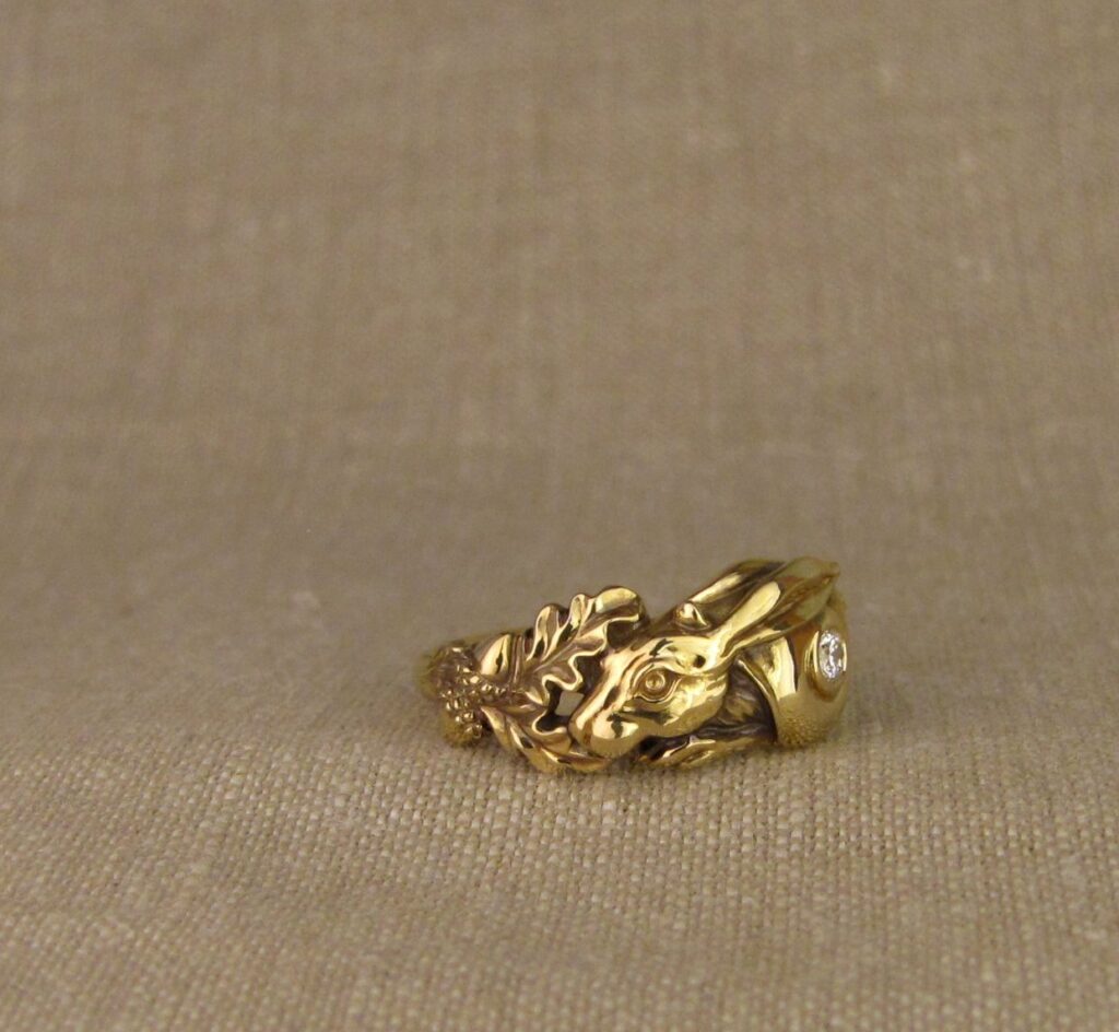 Custom carved Snail+Rabbit ring with diamond, 18K, cheyenne weil jewelry