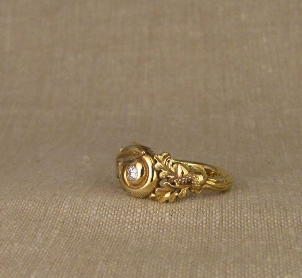 Custom carved Snail+Rabbit ring with diamond, 18K, cheyenne weil jewelry