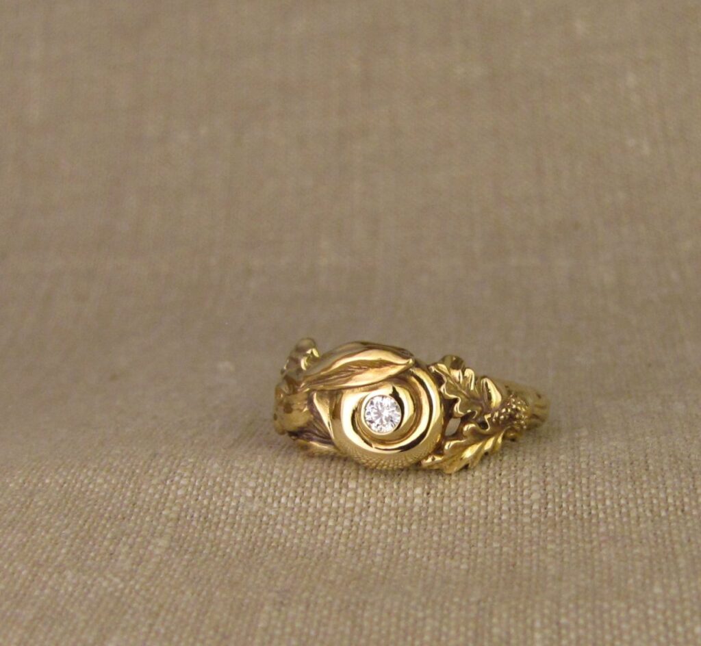 Custom carved Snail+Rabbit ring with diamond, 18K, cheyenne weil jewelry