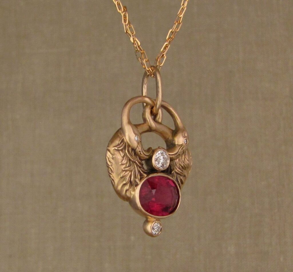 Custom flamingo pendant with tourmaline and Old European cut diamonds, 19K rose gold, cheyenne weil jewelry