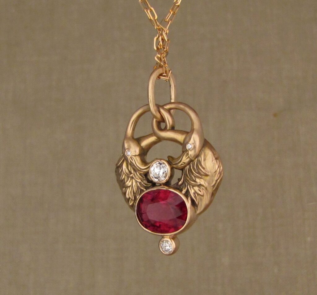 Custom flamingo pendant with tourmaline and Old European cut diamonds, 19K rose gold, cheyenne weil jewelry