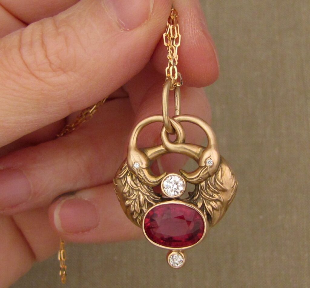 Custom flamingo pendant with tourmaline and Old European cut diamonds, 19K rose gold, cheyenne weil jewelry