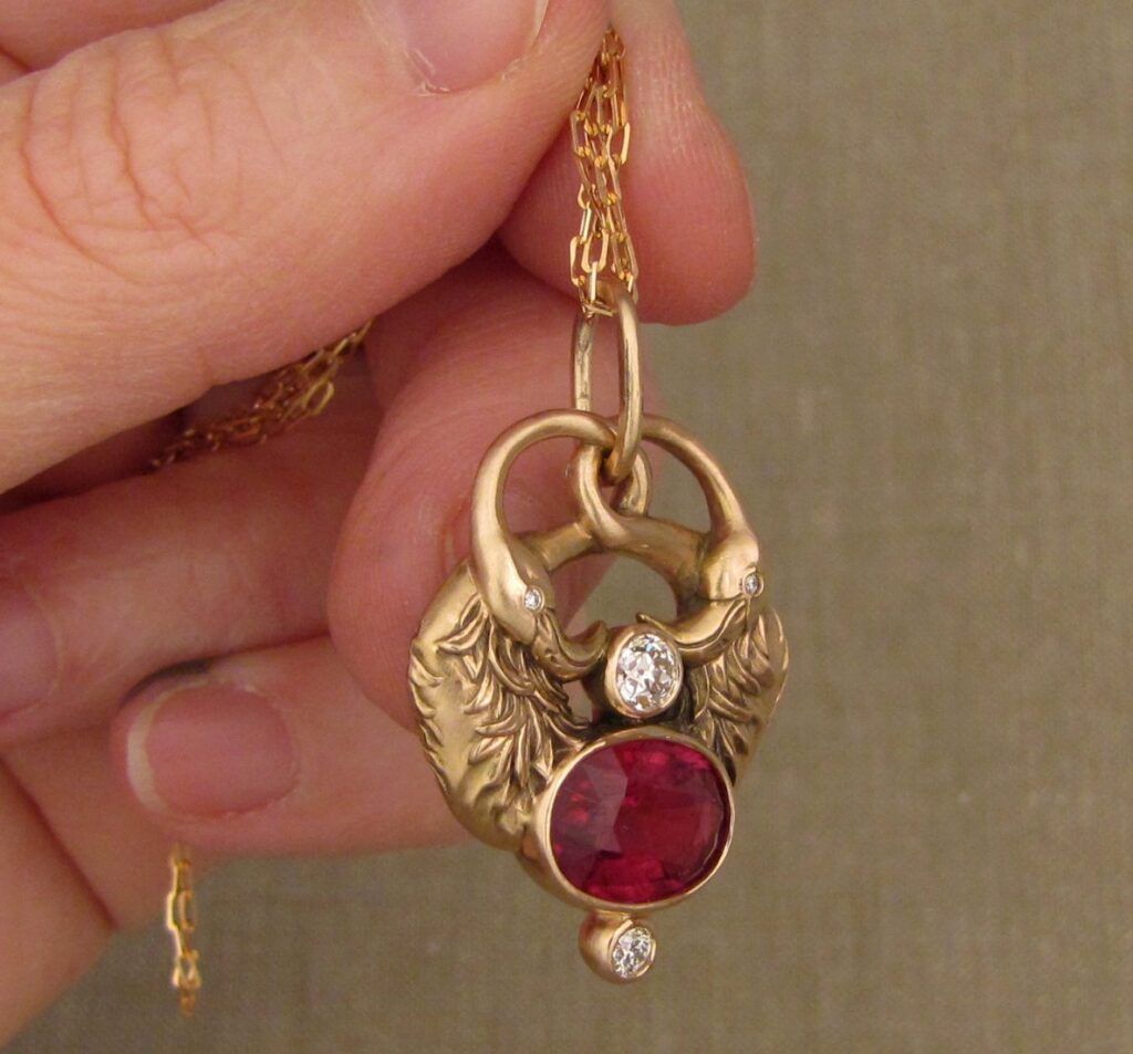 Custom flamingo pendant with tourmaline and Old European cut diamonds, 19K rose gold, cheyenne weil jewelry