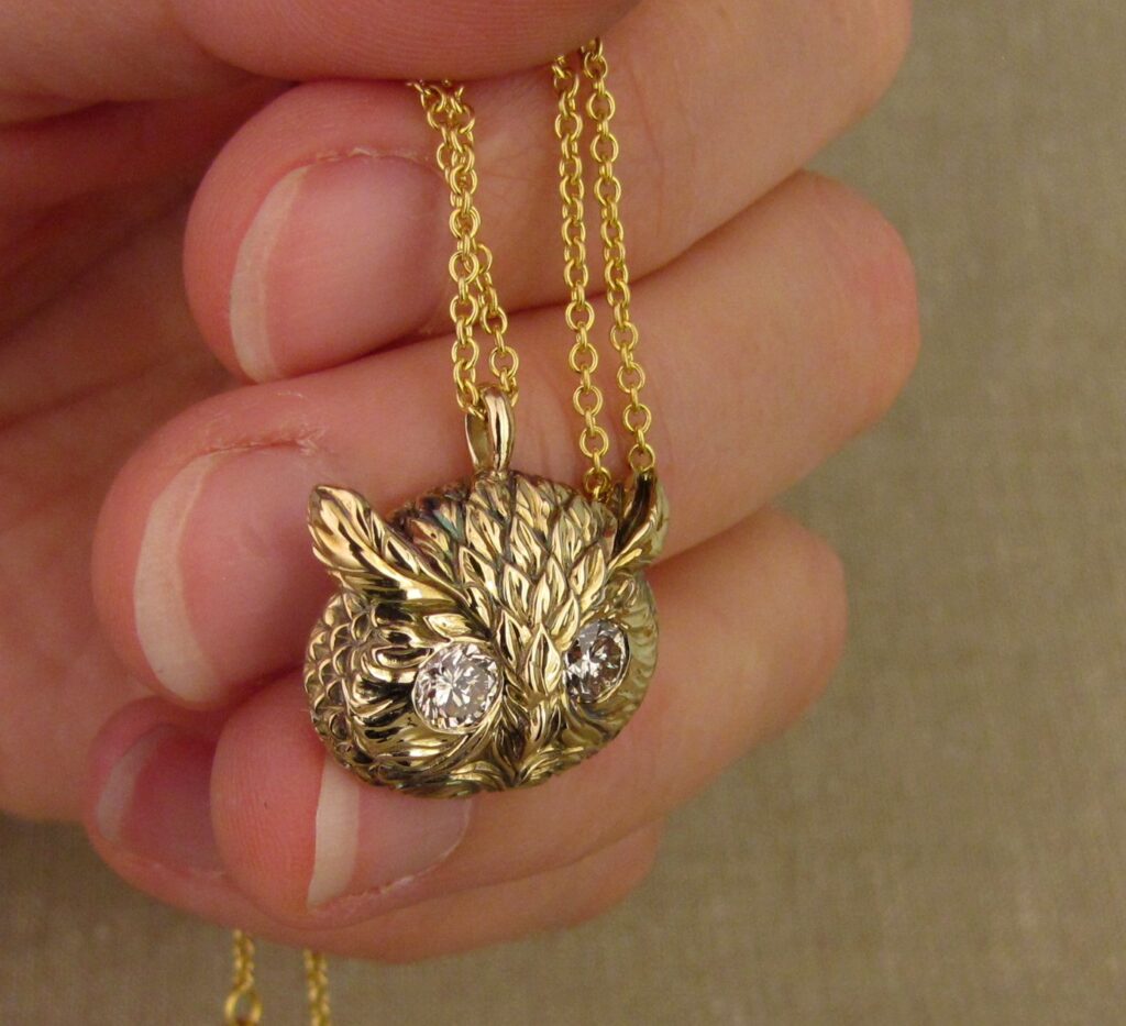 Classic owl pendant with diamond eyes, 14K gold, cheyenne weil jewelry