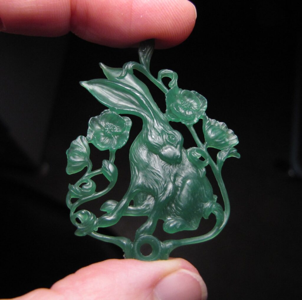 Hand-carved rabbit pendant--wax model. cheyenne weil jewelry