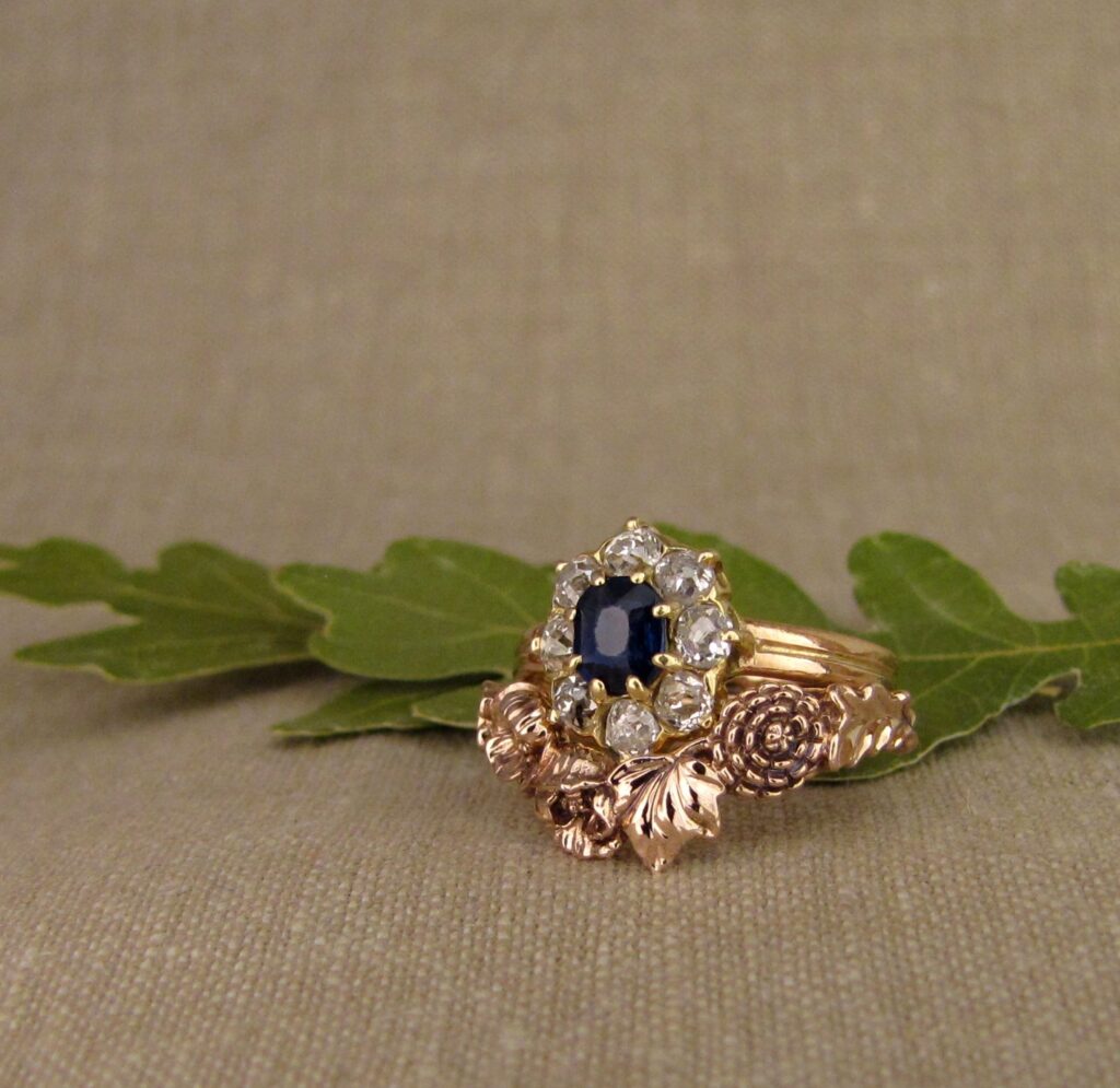 Hand-carved botanical wedding band for antique sapphire solitaire, 14K rose gold, cheyenne weil jewelry