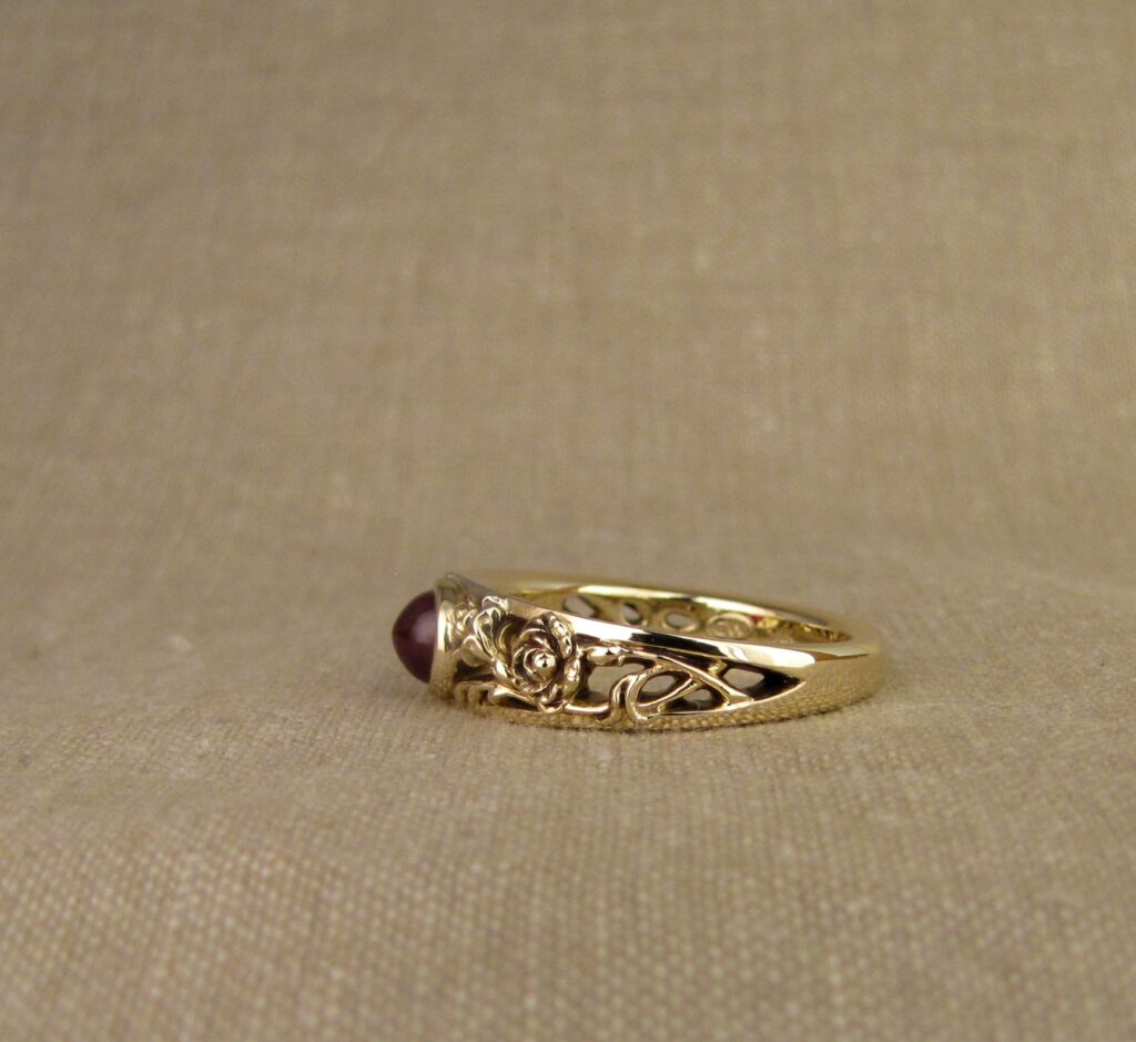Custom designed & hand-carved Carnations solitaire with cabochon ruby, 14K gold, cheyenne weil