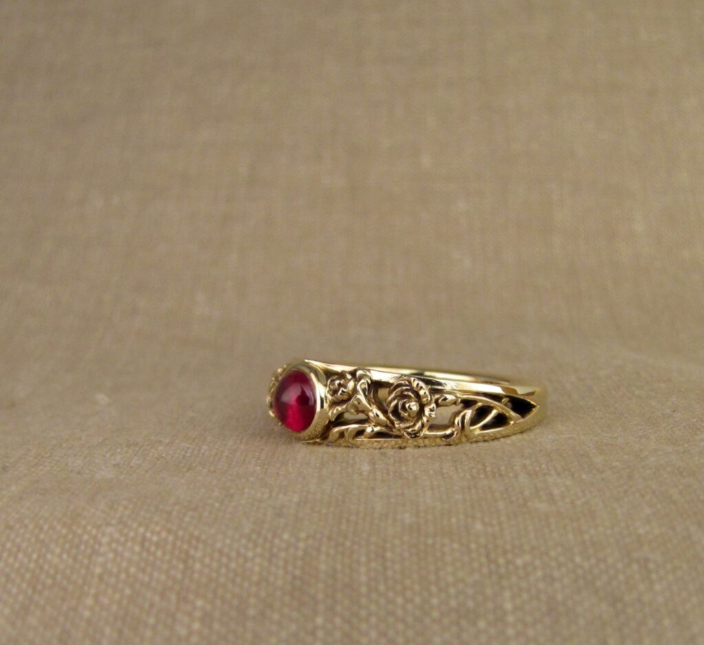 Custom designed & hand-carved Carnations solitaire with cabochon ruby, 14K gold, cheyenne weil