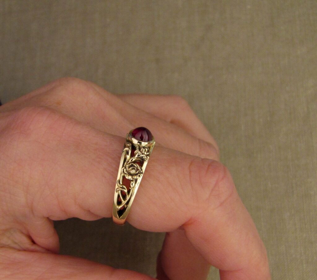 Custom designed & hand-carved Carnations solitaire with cabochon ruby, 14K gold, cheyenne weil