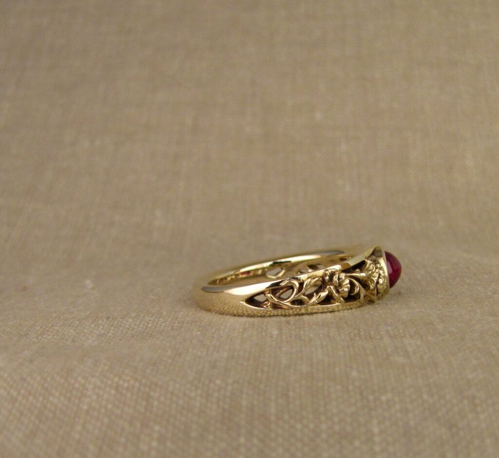 Custom designed & hand-carved Carnations solitaire with cabochon ruby, 14K gold, cheyenne weil
