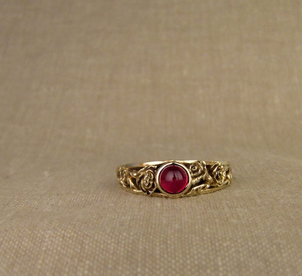Custom designed & hand-carved Carnations solitaire with cabochon ruby, 14K gold, cheyenne weil