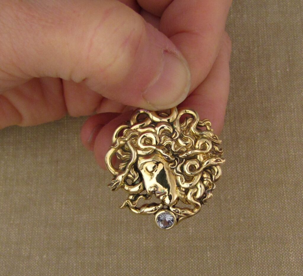 Hand-carved Medusa Pendant, 14K and spinel, Cheyenne Weil